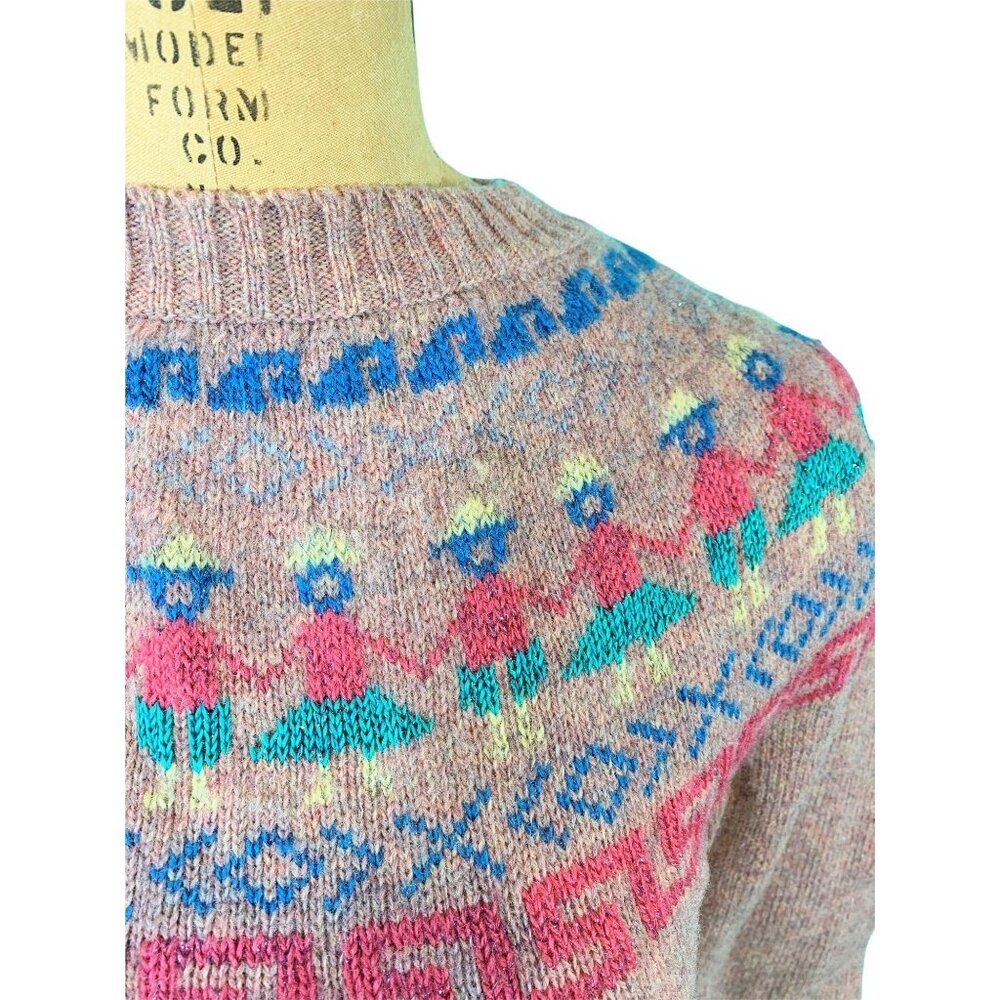 Vintage 80s Fair Isle Sweater Womens XS Pink People Metallic Novelty Pullover - Picture 5 of 10